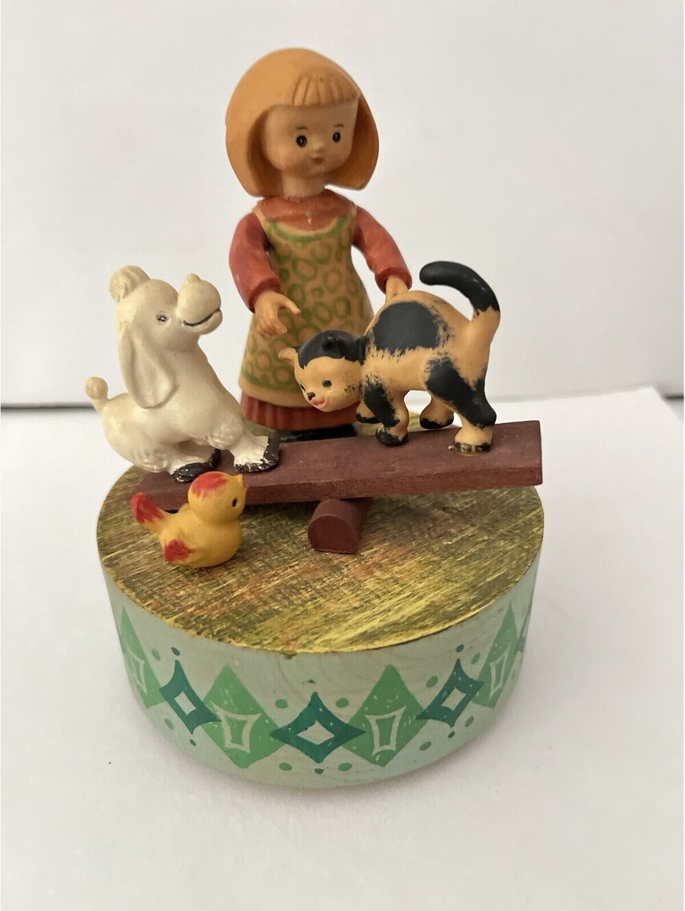 Vintage Anri Wood Carving Musical Figurine, Italy, Girl With Animal Music Box
